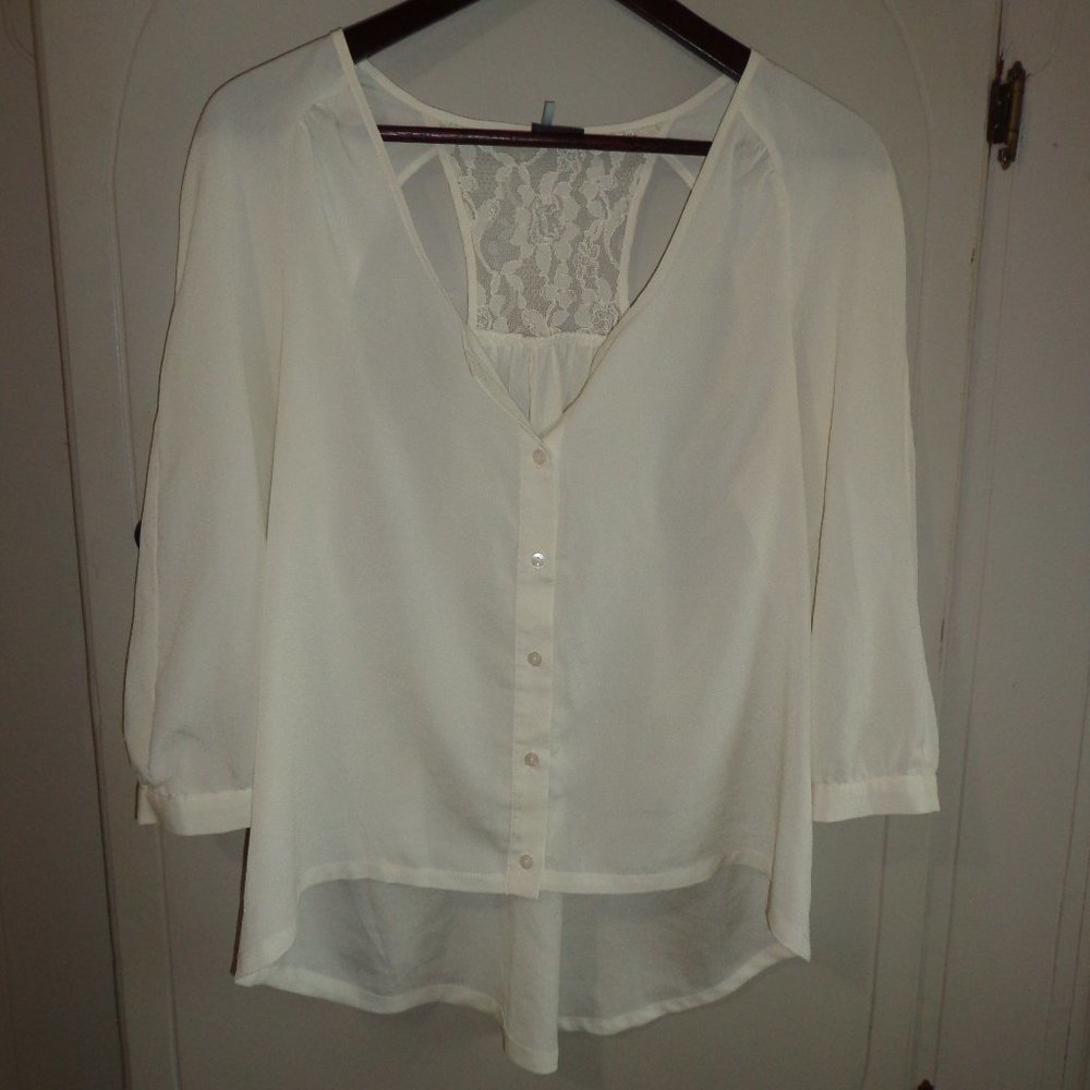 Anthropologie SPARKLE & FADE Hi-Lo Blouse M Ivory 3/4 Raglan Peep-H.